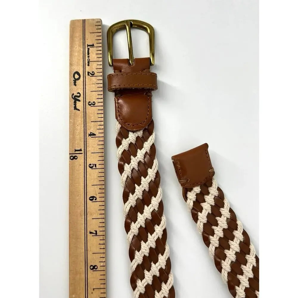 J.Crew Braided Rope & Leather Belt Size S Woven Nautical Gold Buckle Brown Cream - Picture 4 of 7